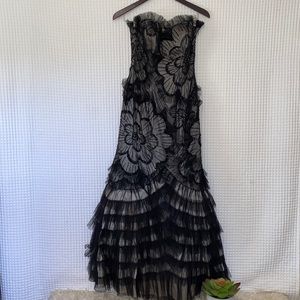 Alyce Designs Paris Black Silk Floral Lace Sequin Mesh Strapless Mermaid Dress